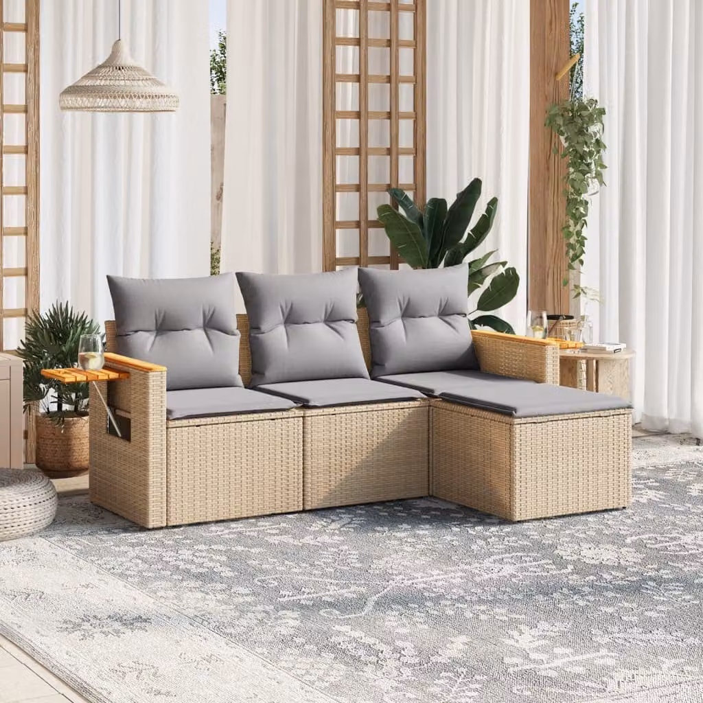 vidaXL Set Divano da Giardino 4 pz a L con Cuscini Beige in Polyrattan e Legno di Acacia – 1