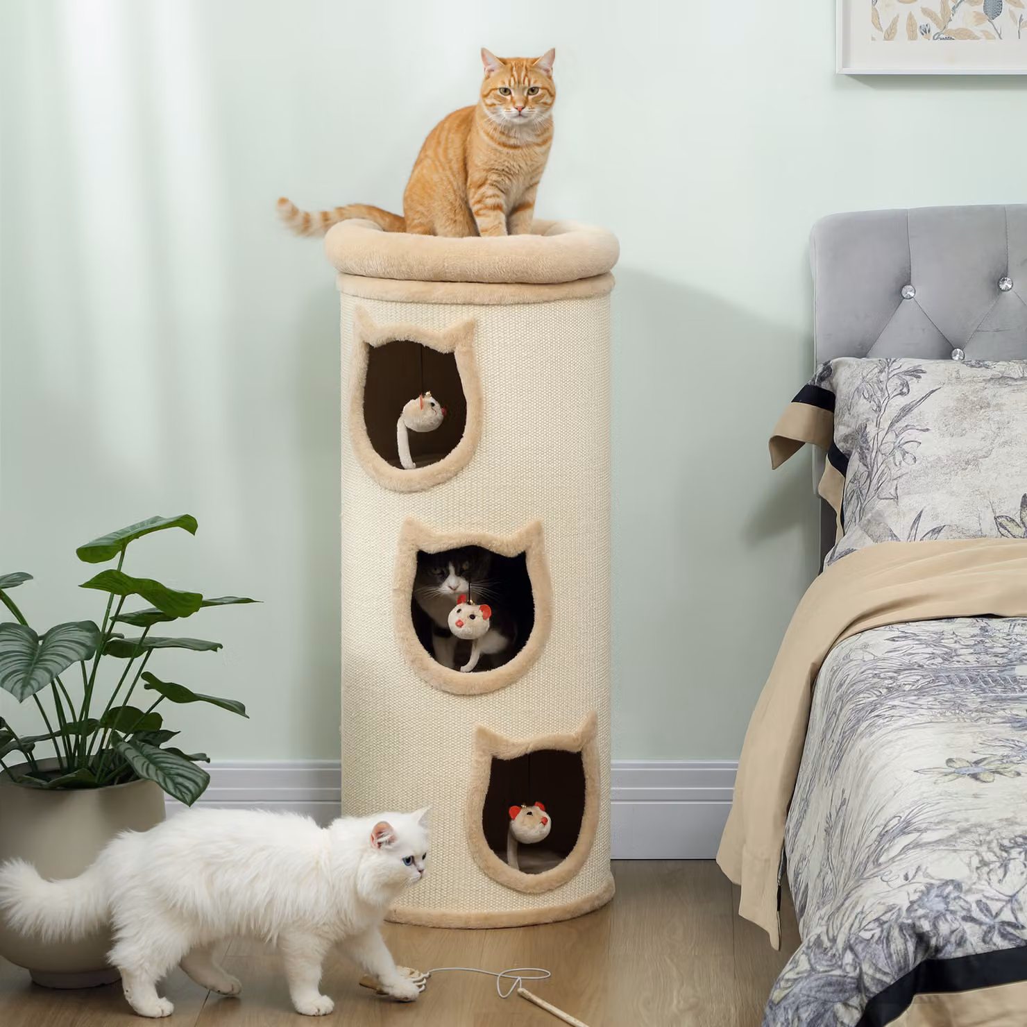 Torre Tiragraffi per Gatti PawHut con 3 Casette, Lettino Superiore Rimovibile e Lavabile e Corda in Sisal, Beige, Altezza: 96 cm – 2