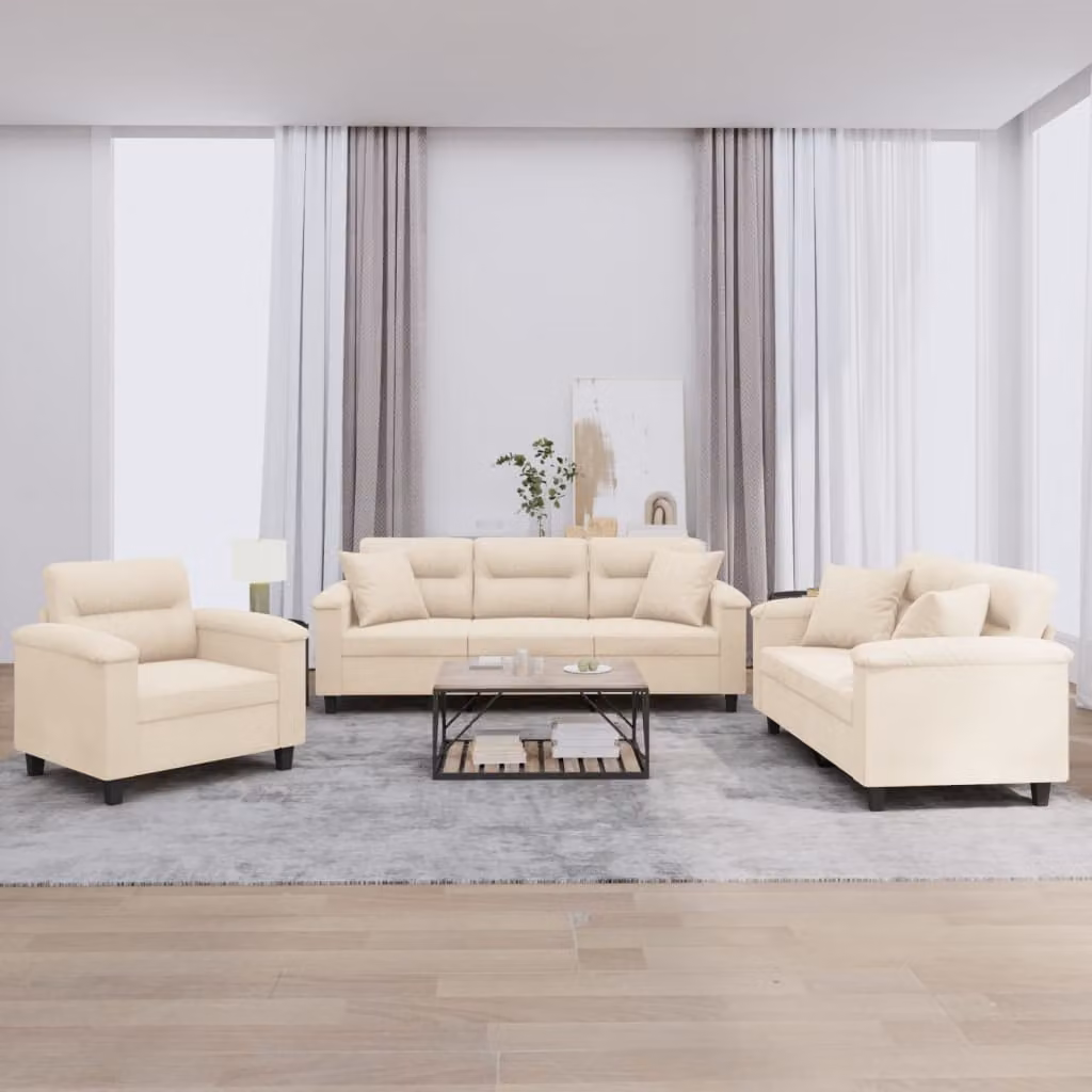 Set di Divani vidaXL in Microfibra Beige con Cuscini, Design Moderno per Soggiorno