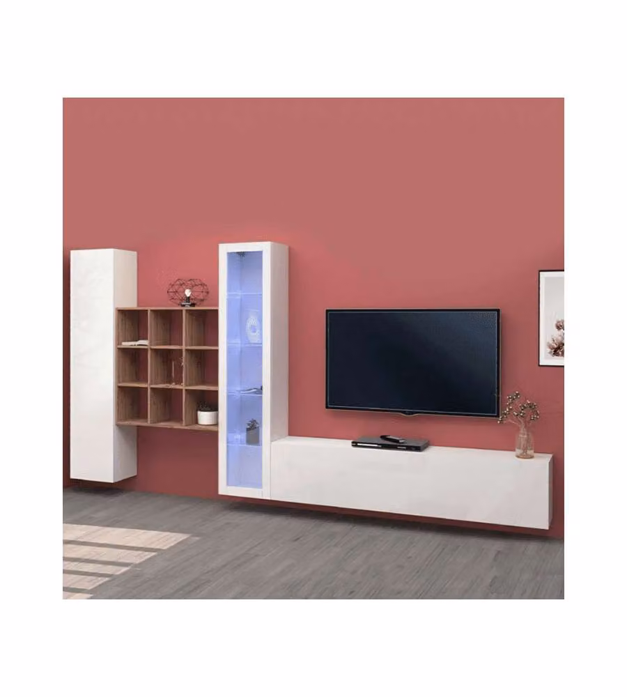 Parete Attrezzata Moderna Soggiorno Bianco Lucido 350x30x180 cm
