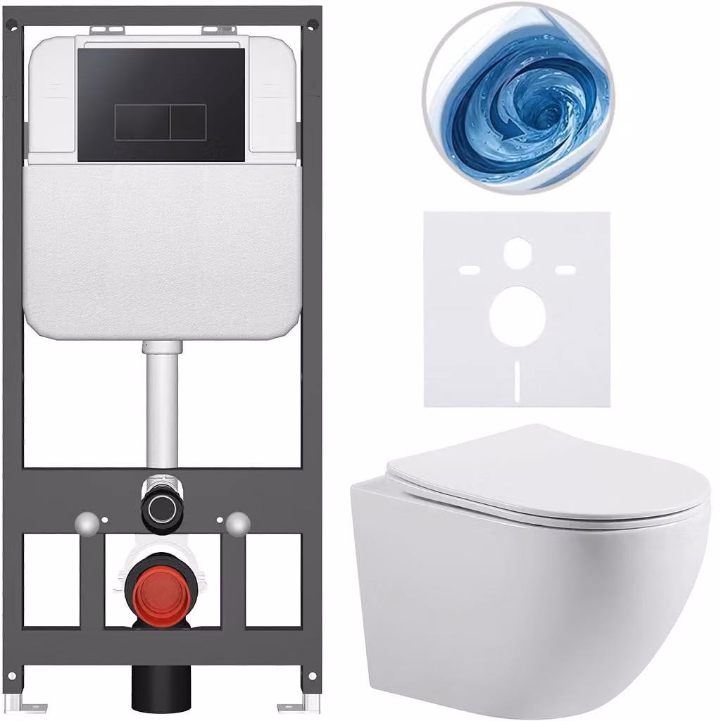 CERANO - Set WC da incasso Cesso - bianco lucido - pulsante Prime/Modulo, nero - sospeso - installazione pre-parete/cartongesso - 49x36 cm