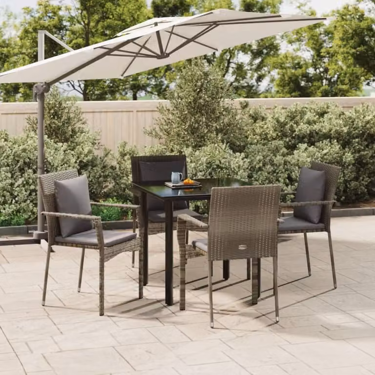 The Living Store Set da pranzo da giardino 5 pezzi con cuscini in poly rattan nero e grigio