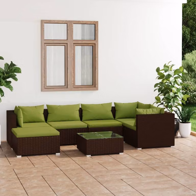 The Living Store Set da salotto da giardino 7 pezzi con cuscini in poly rattan marrone