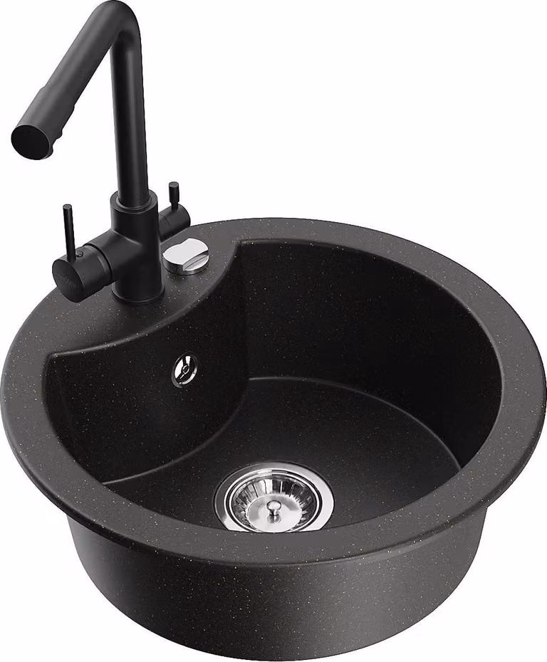 Mexen Diego lavello da cucina in granito a 1 vasca con rubinetto Duero, nero/oro metallizzato - 6512-75-671600-70
