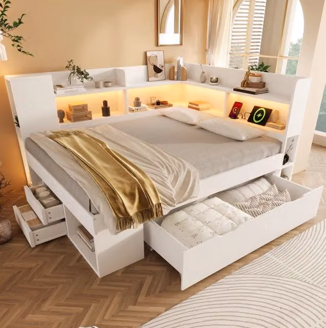 Letto da giorno 140x200 cm bianco con materasso, LED e USB