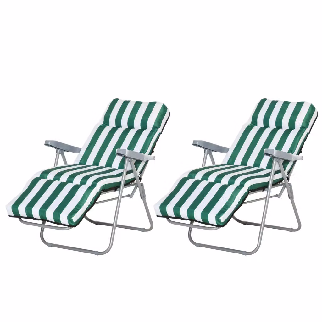 Set di 2 Lettini Prendisole Pieghevoli Xylo con Cuscini Imbottiti a Righe Verde e Bianco – 2