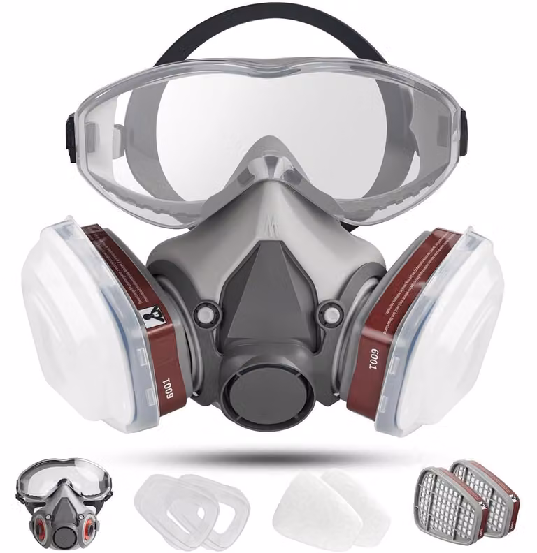 Mascherina protettiva per le vie respiratorie con visiera e filtri, maschera antipolvere per gas e vapori, riutilizzabile, colore grigio