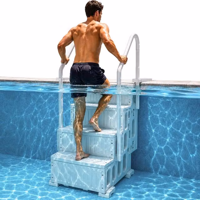 Scaletta di sicurezza per piscina 4 gradini, doppio corrimano antiscivolo, PE bianco latte, carico 181,4 kg, piscine interrate fuori terra 122-137 cm