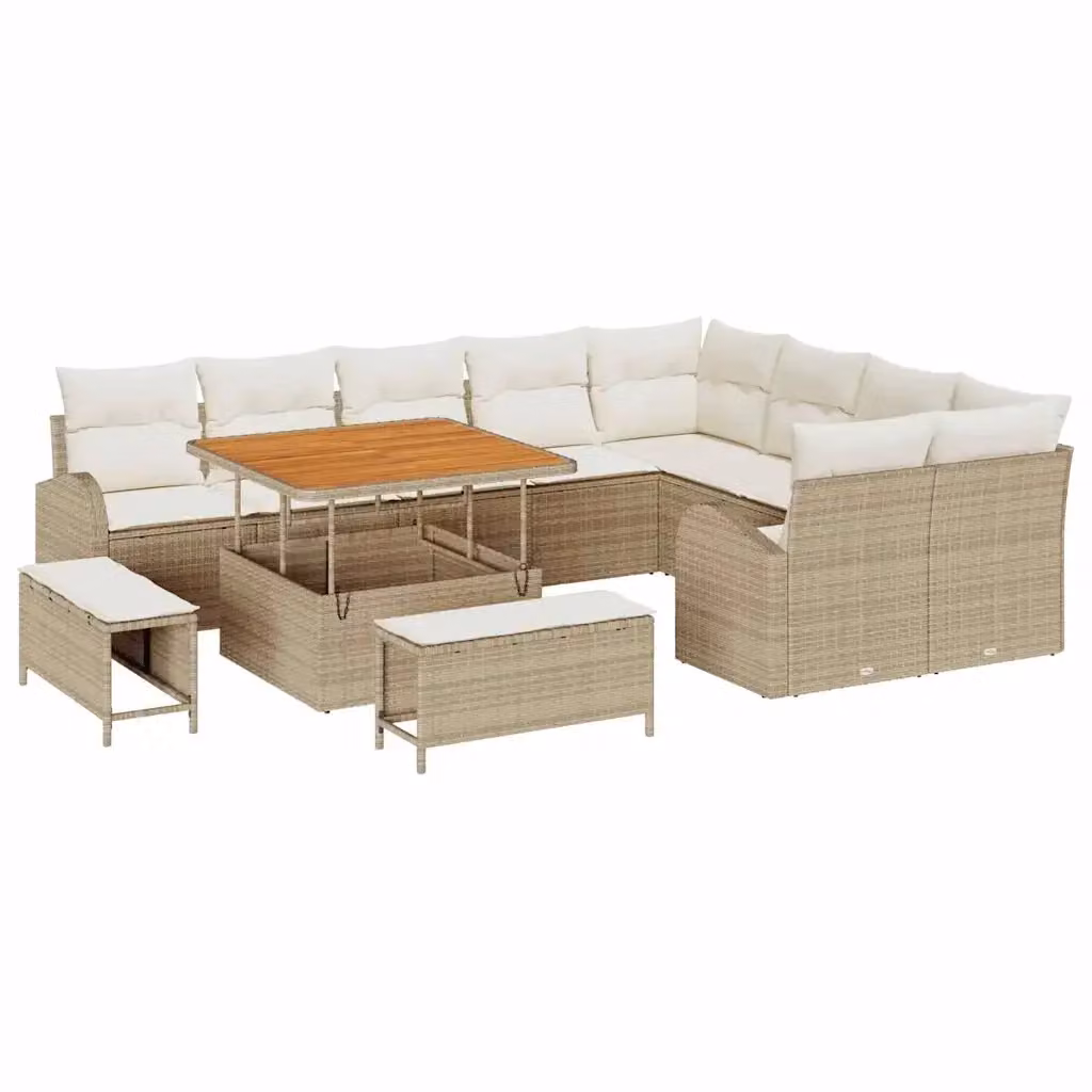 vidaXL Set Divano da Giardino a L in Polyrattan Beige con Cuscini e Tavolino da Esterno – 2