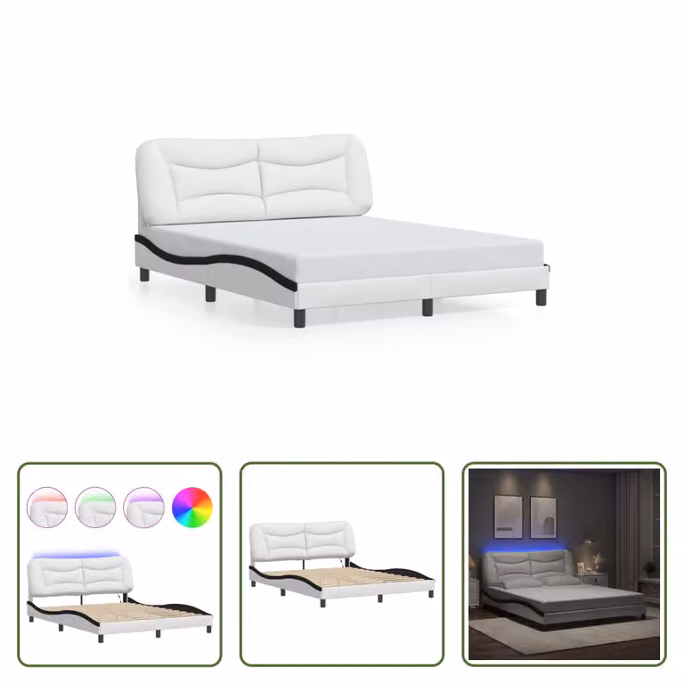 The Living Store Struttura letto con LED bianco e nero 160x200 cm in ecopelle