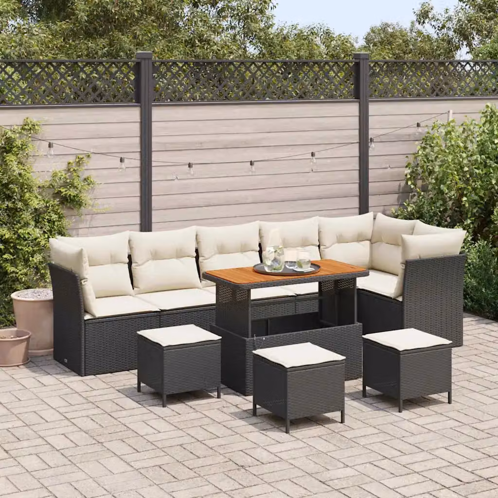 Set Divano da Giardino Moderno vidaXL in Polyrattan Nero con Cuscini e Tavolino da Esterno – 1