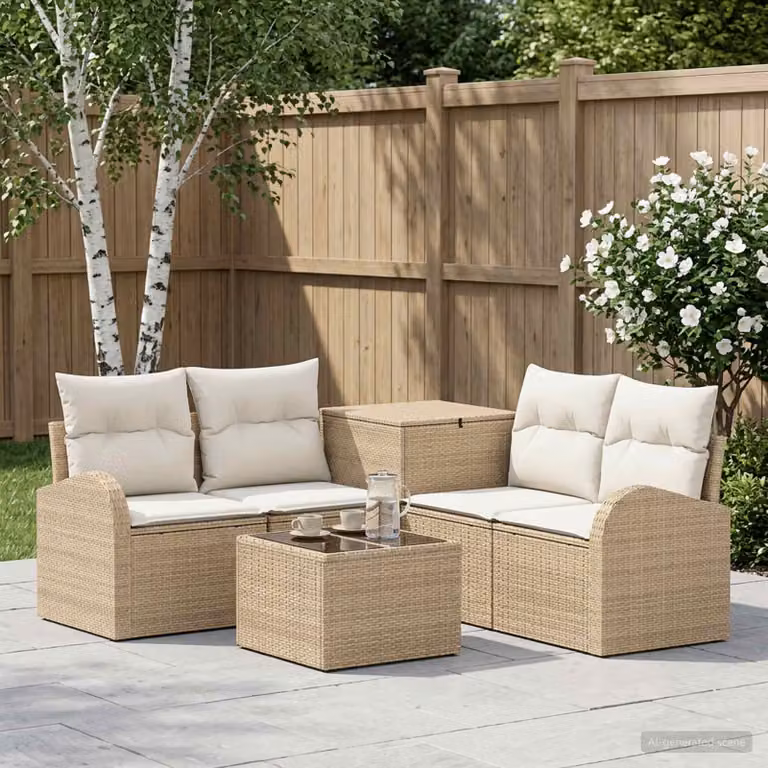 Set di divani da giardino vidaXL 6 pezzi a forma di L con tavolino e pouf, beige e bianco crema