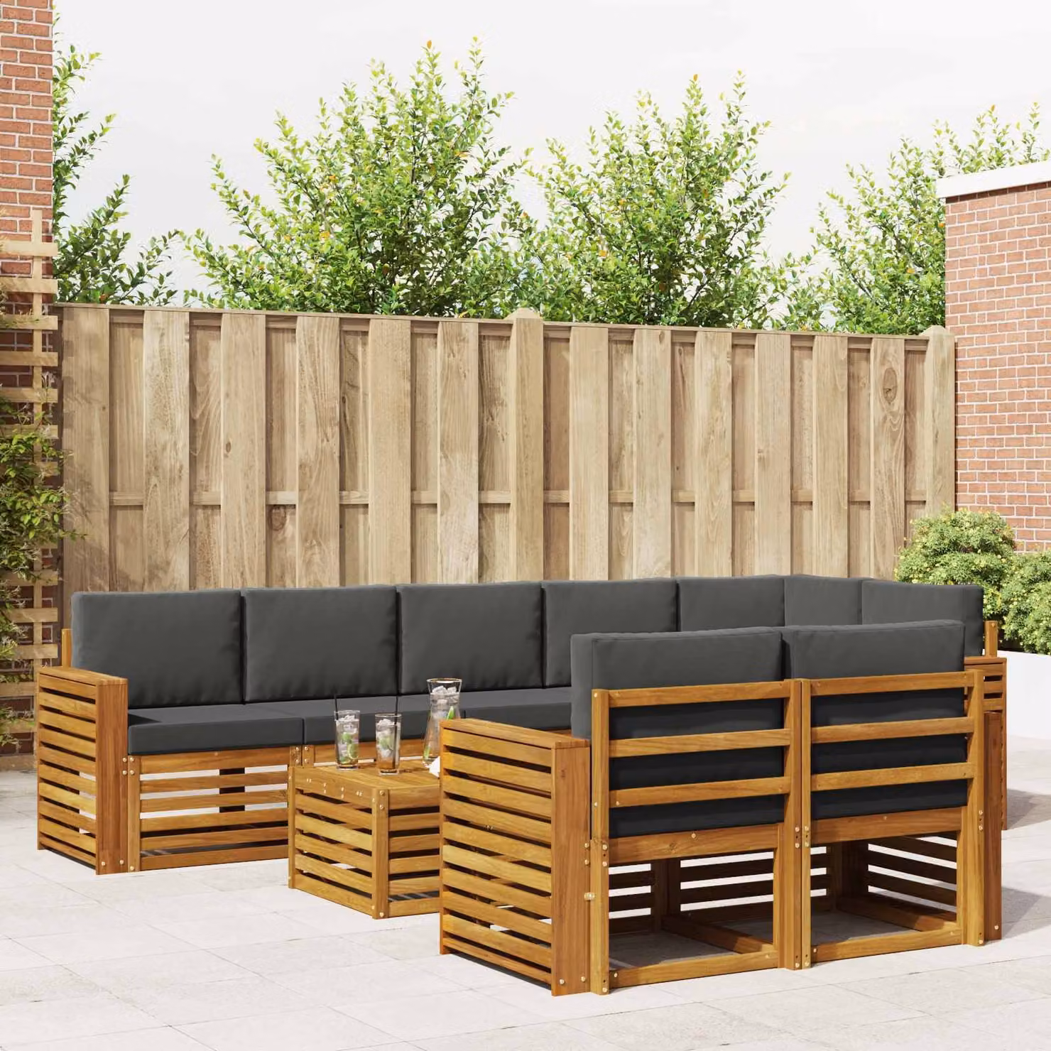 Set di divani da esterno vidaXL a forma di U composto da 9 pezzi in legno di acacia con cuscini in poliestere antracite e marrone