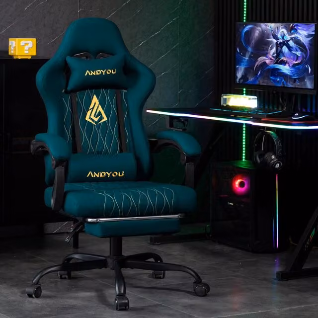 Poltrona da gaming Minimal in pelle PU blu con poggiapiedi reclinabile e supporto cervicale – 1