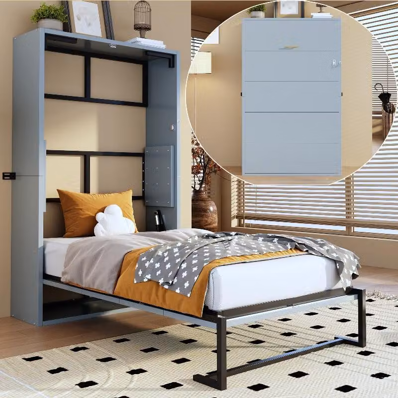Letto a scomparsa Murphy Bett 90x200 con struttura in metallo e MDF, telaio pieghevole con sistema di fissaggio a parete e meccanismo a scomparsa, bianco/grigio