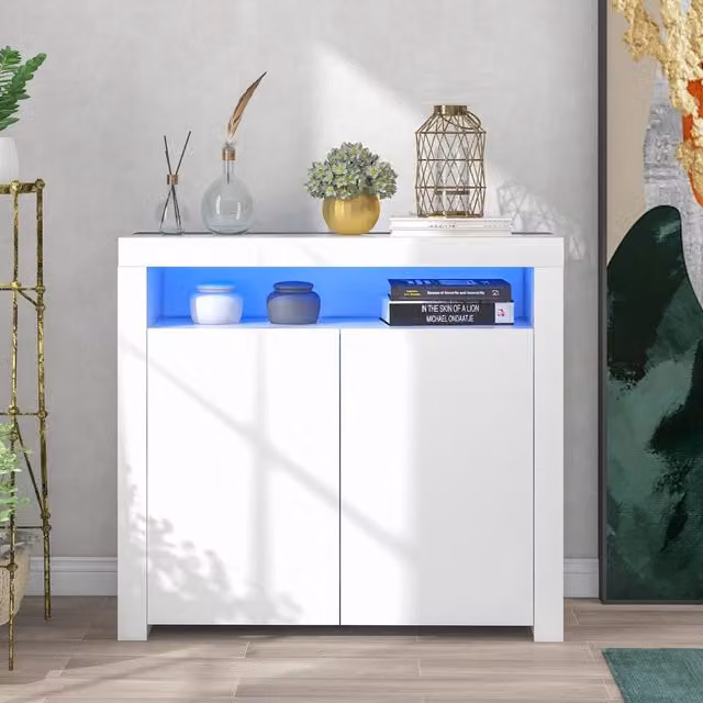 Credenza Mivray con LED e USB, finitura lucida bianca, 2 ante e vano aperto, L: 108 cm, P: 40 cm, H: 92 cm