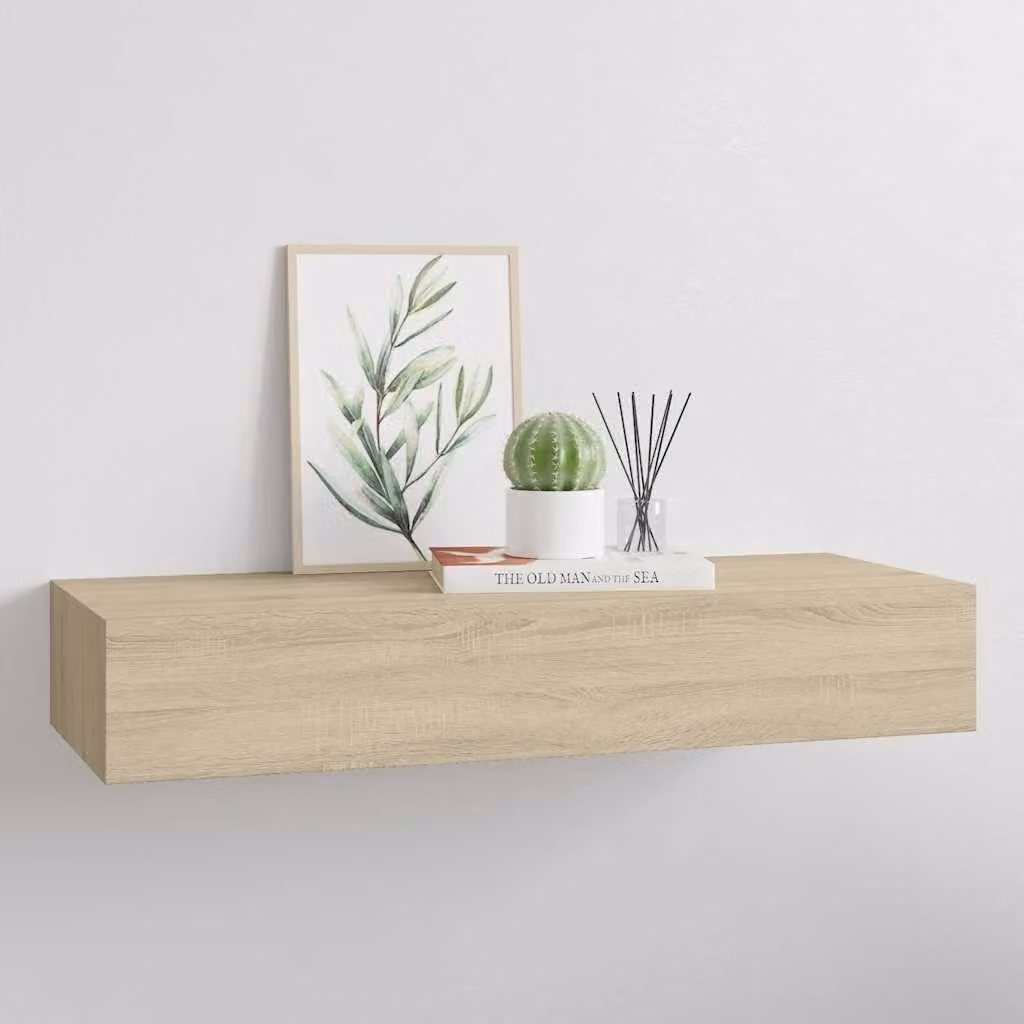 Mensola da parete con cassetto in legno di quercia, dimensioni 60 x 23,5 x 10 cm