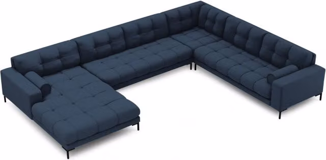 Divano panoramico destro Bali di Cosmopolitan Design, 7 posti, in tessuto blu con struttura imbottita e design moderno per il tuo living