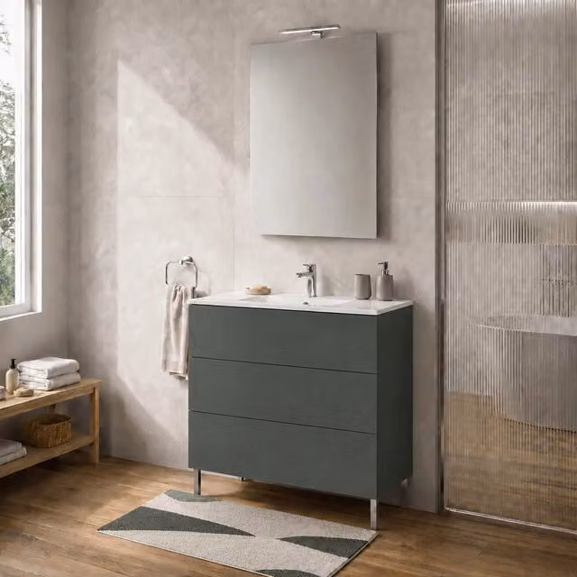 Mobile bagno a terra Tierra INBAGNO verde con tre cassetti push-pull e lavabo L: 100 cm, H: 84 cm, P: 45 cm
