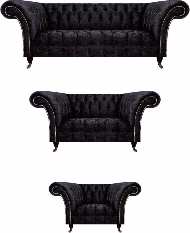 Schwarze Textil Chesterfield Garnitur Edler Dreisitzer Lehnsessel 3tlg