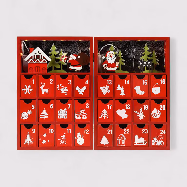 Emblica - Calendario dell'Avvento rosso con 24 cassettini e luci