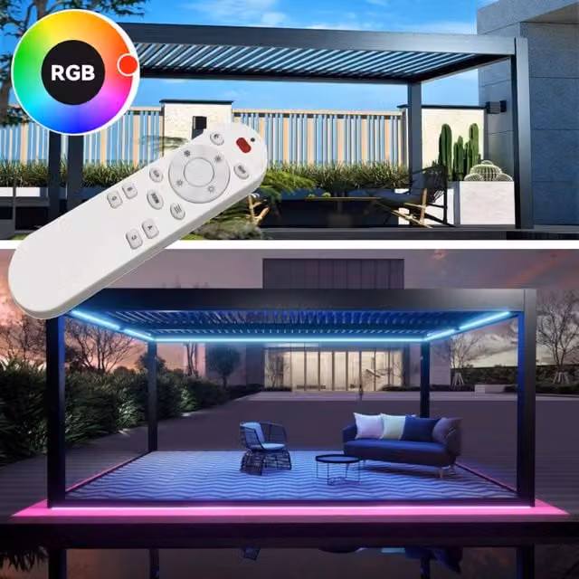 Pergola bioclimatica in alluminio con apertura lamelle motorizzata e impianto LED RGB, colore Antracite, L: 6 m, P: 3 m – 1