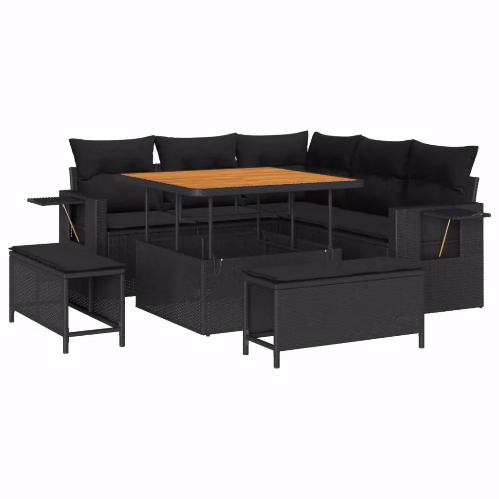 Set Divano da Giardino vidaXL a L con 9 Pezzi, Nero, con Cuscini e Tavolino, Design Moderno in Polyrattan e Acciaio – 2