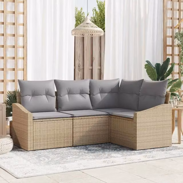 Set Divano da Giardino a L vidaXL in Polyrattan con Cuscini Beige e Grigio