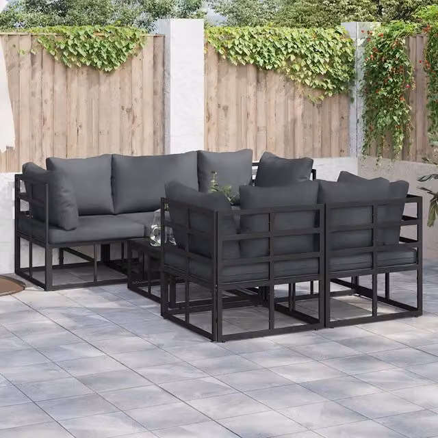 Set da giardino moderno vidaXL composto da 6 pezzi con divano a 3 posti, elementi angolari e tavolino da esterno in alluminio verniciato nero e cuscini imbottiti resistenti ai raggi UV