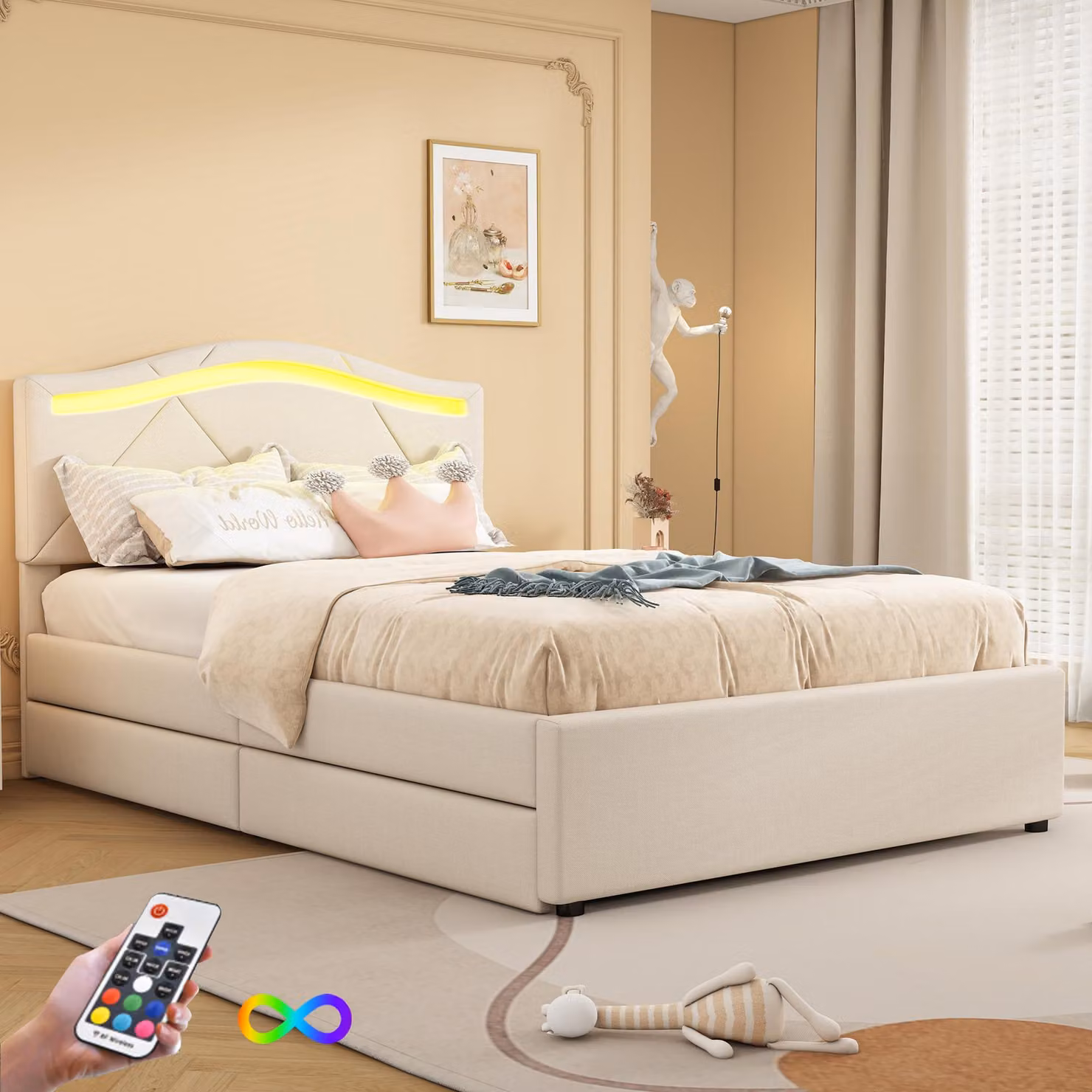 Letto imbottito Merax 90 x 200 cm, con 2 cassetti, luce ambientale a LED, testata regolabile, letto per ragazzi, letto singolo, letto per bambini, biancheria, beige