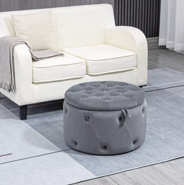 Pouf contenitore rotondo ULEVR ?60x40 cm con coperchio, imbottito effetto velluto grigio