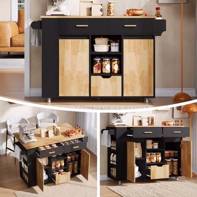 Isola cucina mobile con piano pieghevole in MDF melaminico; 3 cassetti e ruote frenanti; 120 x 45-71 x 90 cm