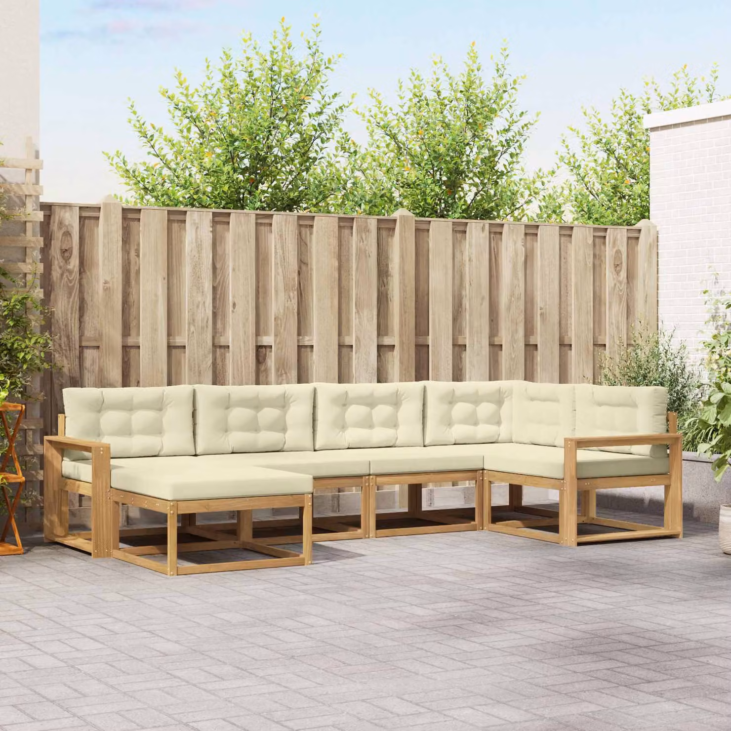 vidaXL Set di divani da esterno a L con pouf in legno di acacia, Bianco, Beige e Marrone