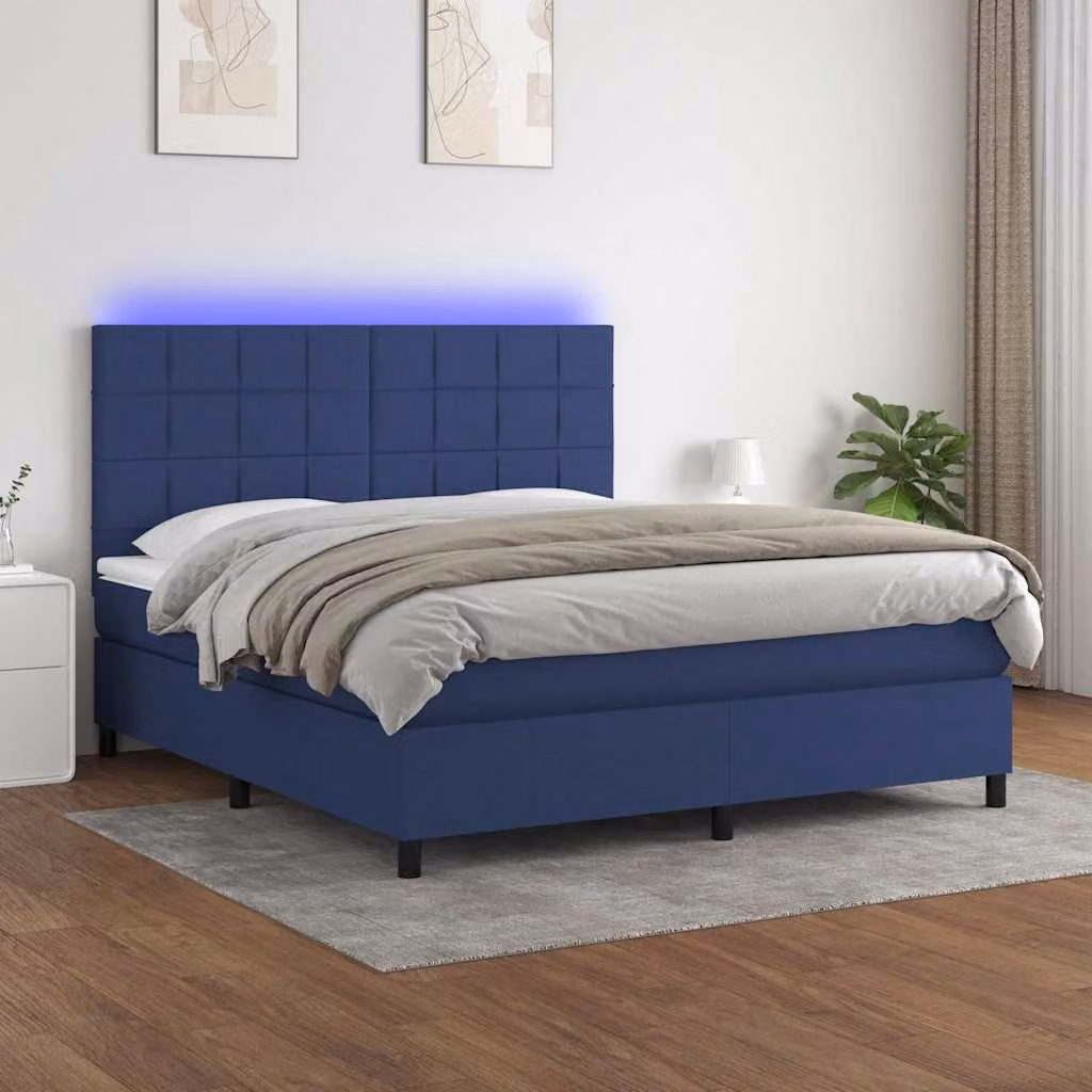 vidaXL Letto a Molle con Materasso e Illuminazione LED Blu, Tessuto Bianco e Blu, L/P/H: 160 x 200 x 128 cm – 1