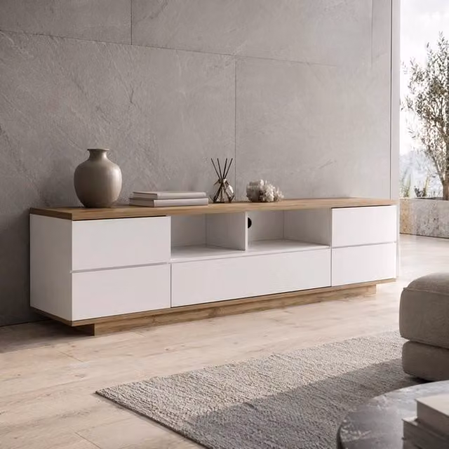Mobile TV ULEVR 180x38x46 cm con 5 ante e 2 vani aperti, in MDF bianco e color legno