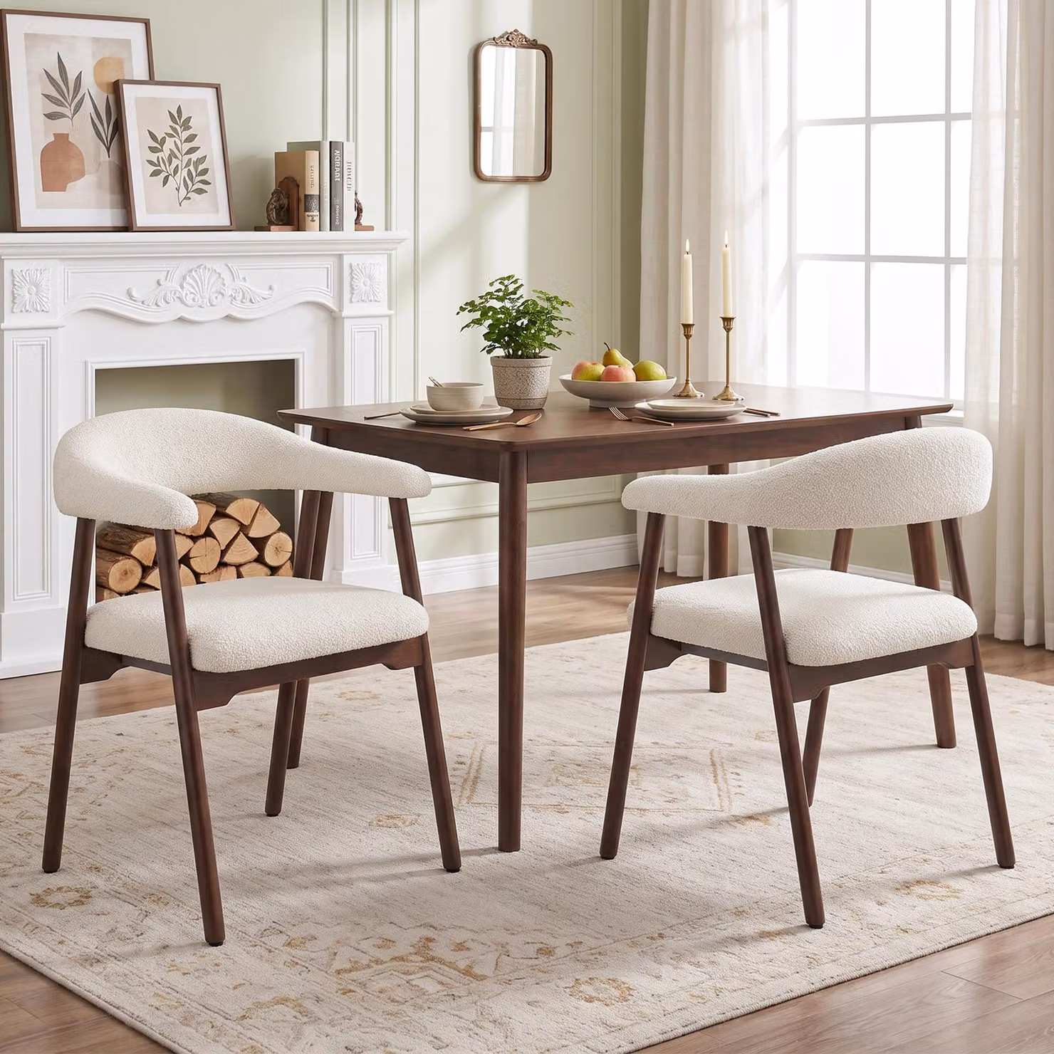 Set di 2 sedie da pranzo Flieks in legno massello, adatte perda pranzo, soggiorni, caffè, con rivestimento in tessuto boucle, sedie imbottite, ideali anche come sedie da cucina, colore noce e beige
