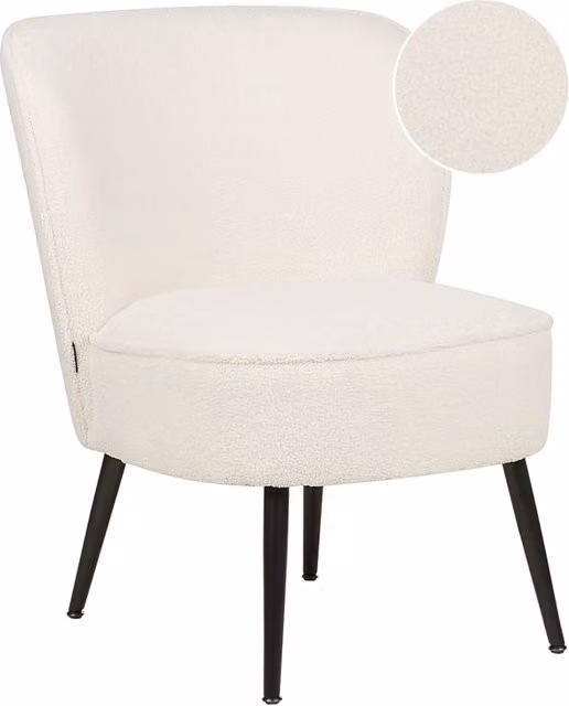 Poltrona Beliani in tessuto bouclé bianco con design moderno a tub e gambe in legno di pino, L: 76 cm, P: 60 cm, H: 52 cm