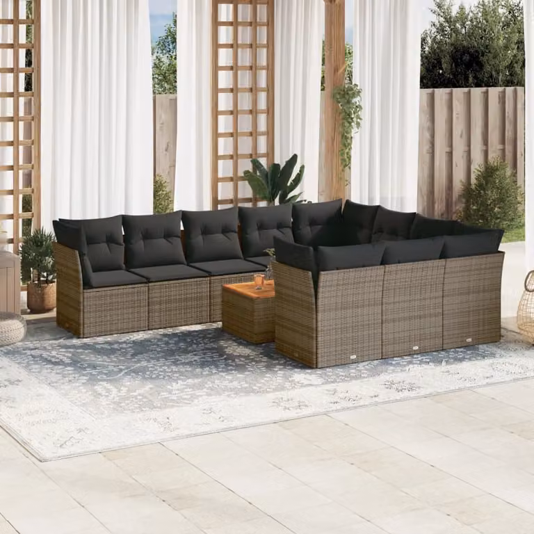 vidaXL Set Divani da Giardino 11 pz a Forma a L in Polyrattan Grigio con Cuscini e Tavolino da Esterno