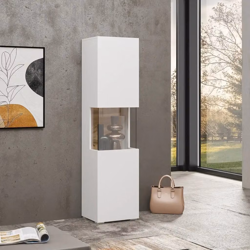 Vetrina a 1 porta parzialmente vetrata collezione EVA Meublorama, Colore bianco e rovere, H: 140 cm, L: 36 cm, P: 30 cm – 2