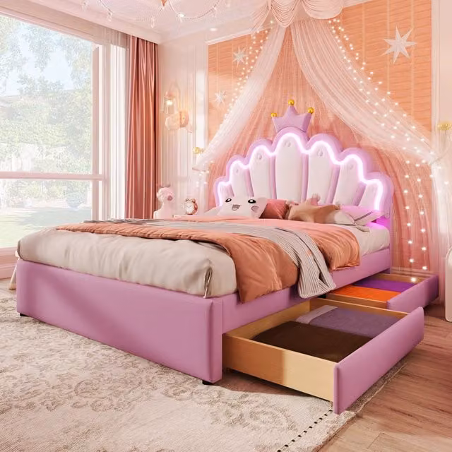 Letto imbottito rosa 140x200 con luci LED telecomandate e due cassetti