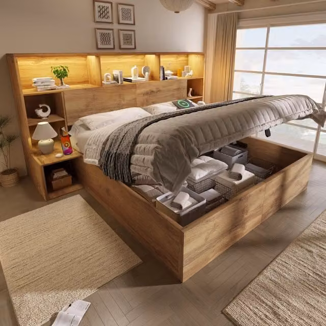Letto componibile 160 x 200 cm effetto rovere con contenitore idraulico, comodini integrati, rete a doghe, LED e USB-C - Senza materasso