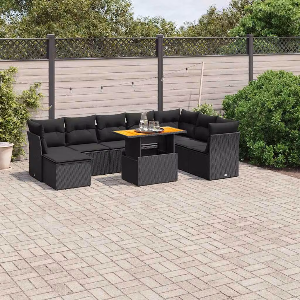 vidaXL Set Divani da Giardino 9 pz in Polyrattan Nero con Cuscini e Tavolino da Esterno – 1