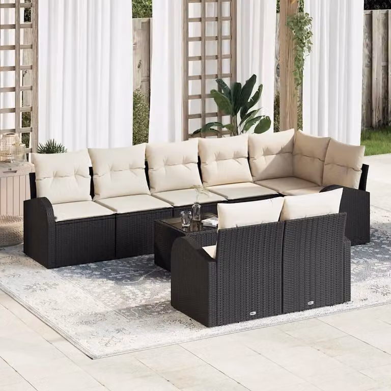 Set Divano da Giardino vidaXL a forma a U con 9 pezzi, 8 posti, Nero e Beige con Cuscini e Struttura in Metallo