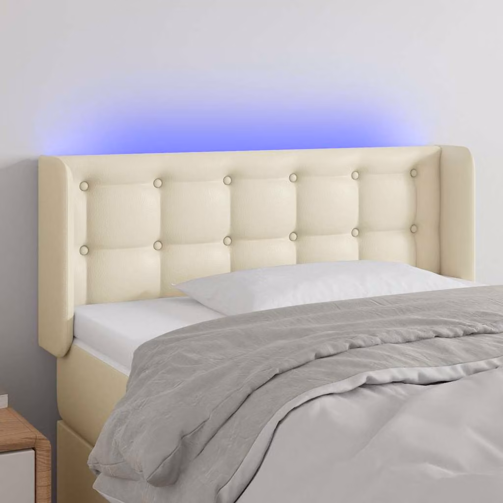 Testiera per letto vidaXL in similpelle beige con illuminazione LED e porta di ricarica USB, L: 93 cm, P: 16 cm, H: 78-88 cm