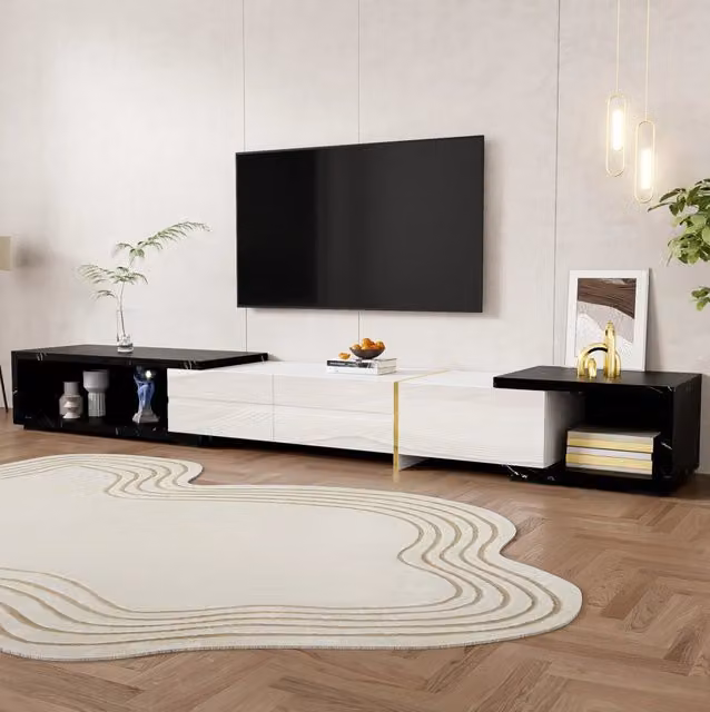 Mobile TV allungabile 140-260 cm con funzione girevole; MDF e truciolare; nero marmo e bianco