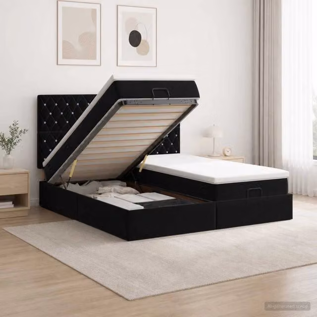 Letto ottomano con contenitore e materasso a molle vidaXL in velluto nero, L/P/H: 180 x 200 x 88 cm