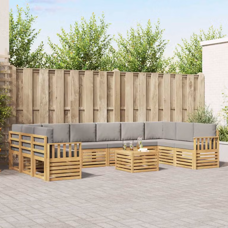 Set di divani da esterno vidaXL 8 pezzi a forma di L con tavolo da caffè, struttura in legno di acacia e cuscini in poliestere bianco e grigio