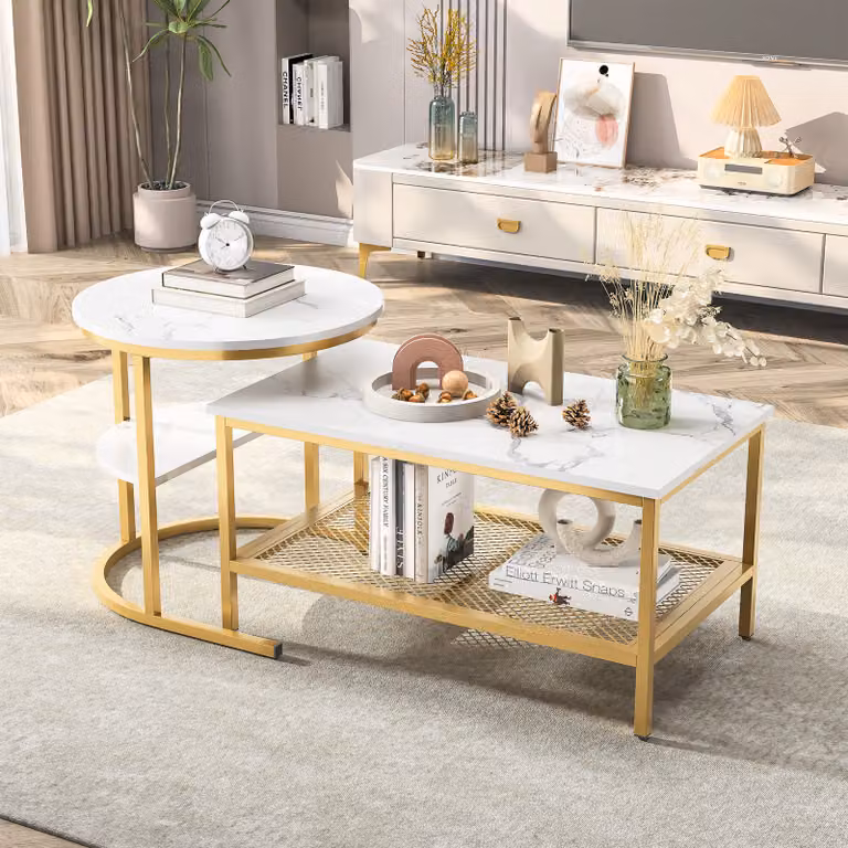 Fortuna Lai set di 2 tavolini, tavolino in marmo con struttura in metallo e ripiano, tavolino da salotto tavolino da divano per soggiorno, camera da letto (bianco + oro)