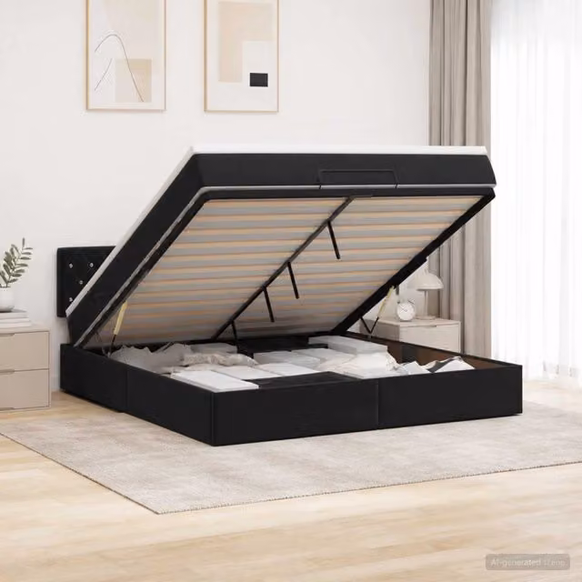 Letto ottomano moderno vidaXL in velluto nero con contenitore a sollevamento L: 140 cm, P: 190 cm, H: 88 cm – 1