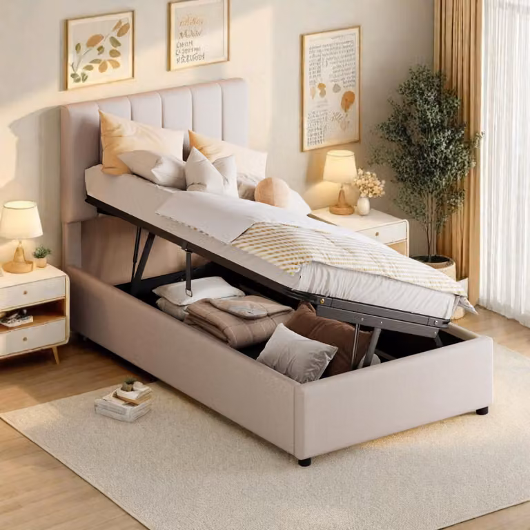 Letto singolo 90x200 con box contenitore, letto a molle con spazio contenitore, sistema idraulico, letto per bambini con poggiatesta regolabile e rete a doghe, letto imbottito beige in lino, senza materasso
